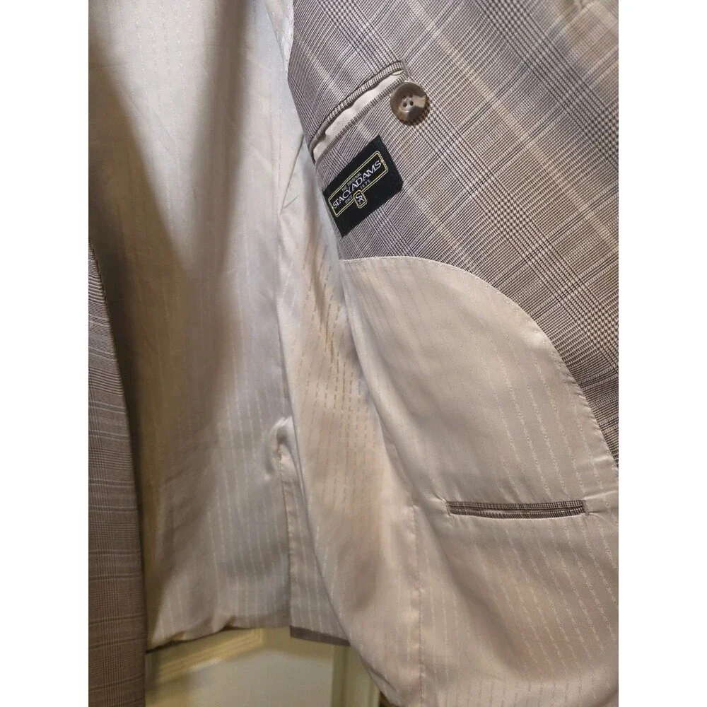 Stacy Adams Double Breasted Sport Coat Mens 44R Tan Plaid Peak Lapel Blazer